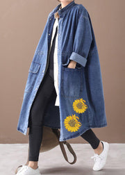 French Denim Blue Plus Size Box Coat Mantel mit Kordelzug und Stehkragen