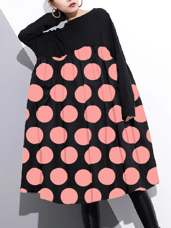 stylish Pink dot cotton shift dress plus size cotton clothing dress Elegant high waist patchwork cotton dress