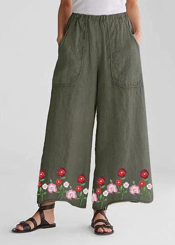 Tea Green-dandelion Cotton Linen Loose Wide Leg Casual Pants