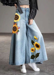 DIY Light Blue fashion Pockets Casual Wide Leg Fall Denim Pants