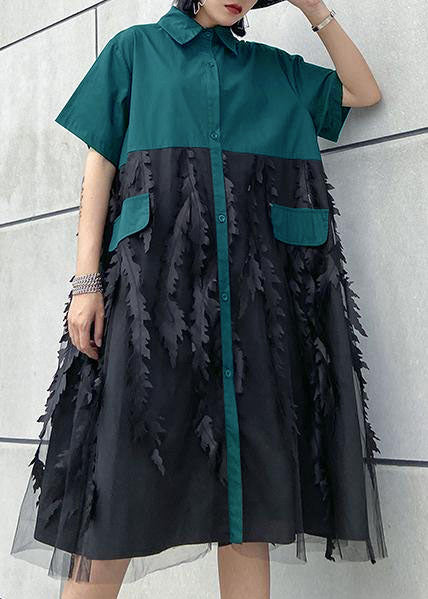 Beautiful lapel tulle Cotton summer clothes For Women Shape Blue Dress