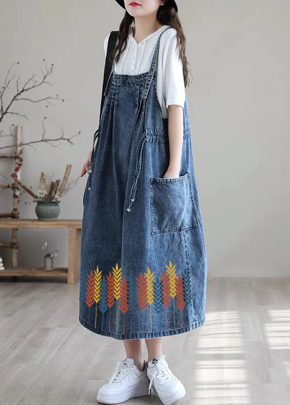 Plus Size Blue drawstring pocket Spaghetti Strap Cotton denim Dress Spring