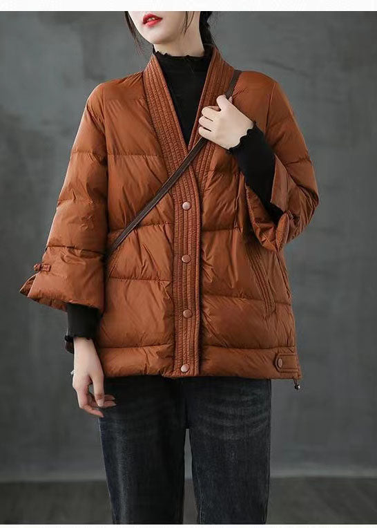 Caramel V Neck Button Thick fashion Winter Duck Down Jackets