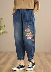 Handmade Spring Casual Pants Oversize Denim Blue Photography Elastic Waist Trousers