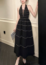 2024 New Black V Neck Striped Zircon Backless Vacation Long Dresses Summer