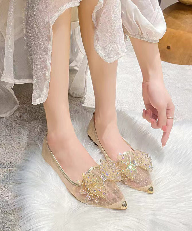 2024 New Gold Breathable Bow Zircon Tulle Pointed Flat Shoes