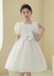 2024 New White Nail Bead Bow Tulle Girls Mid Dress Puff Sleeve