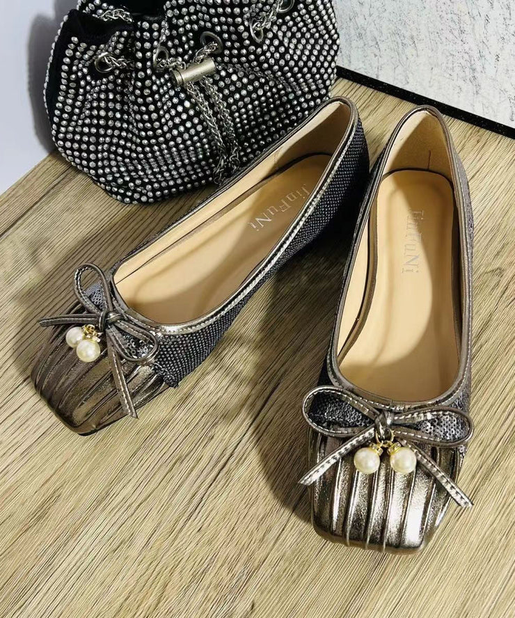 2024 Pearl Bow Wrinkled Square Head Flats Shoes