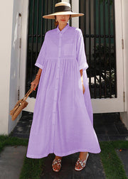 Bohemian Pink Peter Pan Collar Striped Button Pockets Wrinkled Long Dresses Half Sleeve