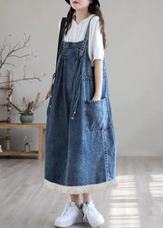 Plus Size Blue drawstring pocket Spaghetti Strap Cotton denim Dress Spring