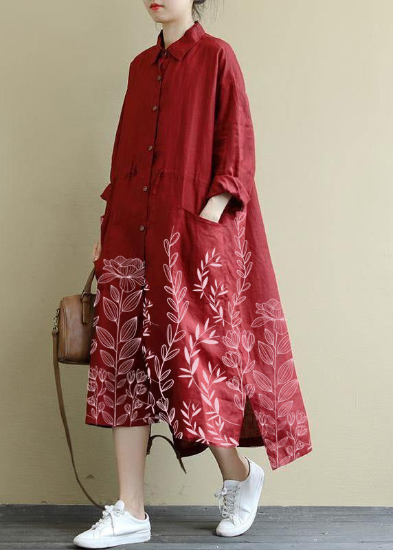 Red Linen Shirt Dress Casual Oversize Spring Maxi Dresses