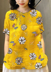 Chinese Style Yellow O-Neck Embroideried Linen Tops Short Sleeve