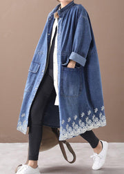 French denim blue Plus Size box coat Shape stand collar drawstring coat