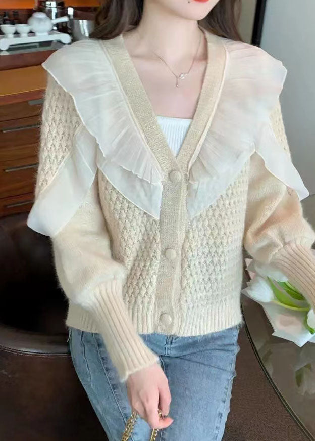 Fitted Beige Ruffled Button Patchwork Fall Knit Coat