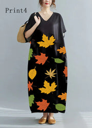 Loose Black V Neck Oversized Leaf Print Chiffon Long Dress Short Sleeve