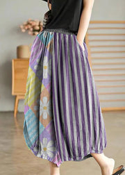 Gray Flowers Elastic Waist Linen Wide Leg Pants