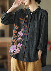 Black Patchwork Linen Shirt Peter Pan Collar Embroideried Spring