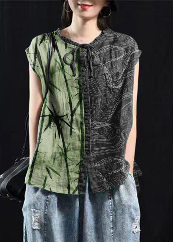 Organic Blackish Green Patchwork Ruffled Top Short Sleeve