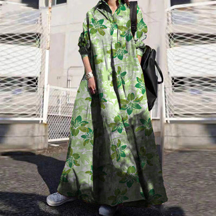 Women Retro Floral Print Lapel Bohemian Loose Long Sleeve Maxi Shirt Dress With Pocket