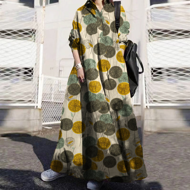 Women Retro Floral Print Lapel Bohemian Loose Long Sleeve Maxi Shirt Dress With Pocket