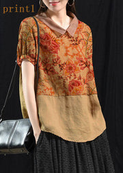 Bohemian Khaki Patchwork Umlegekragen Sommer Kurzarm Top