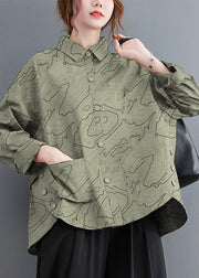 Green-texture Patchwork Cotton Shirt Top Oversized Pockets Fall