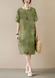 Classy Khaki Print O-Neck Pockets Summer Maxi Dresses Half Sleeve