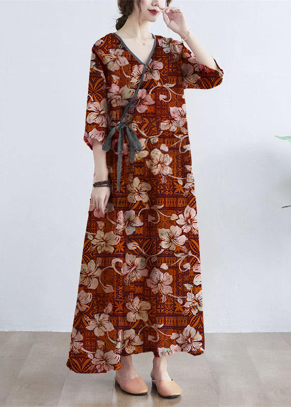 Simple Print V Neck Floral Summer Tie Waist Long Dresses Half Sleeve