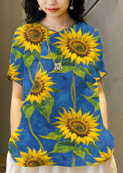 Chinese Style Yellow O-Neck Embroideried Linen Tops Short Sleeve