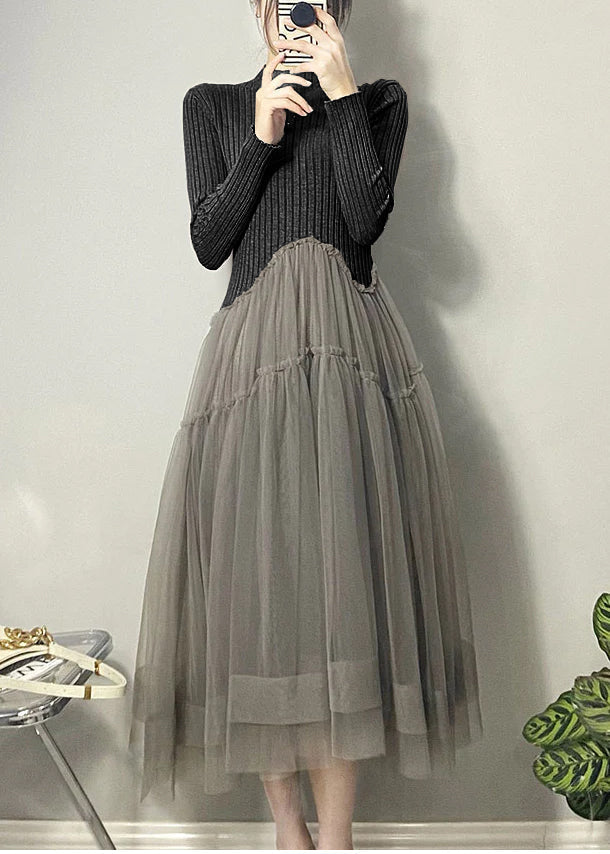 Beautiful Black Asymmetrical Tulle Patchwork Long Dresses Fall