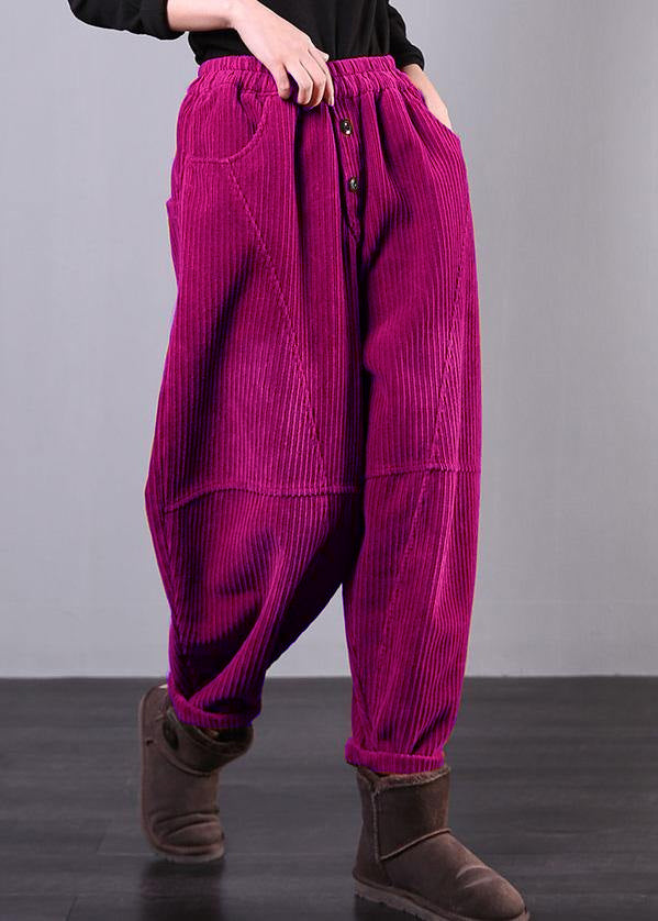 Modern Red Women Pants Oversize Fall Corduroy Pockets Cotton Casual Pants