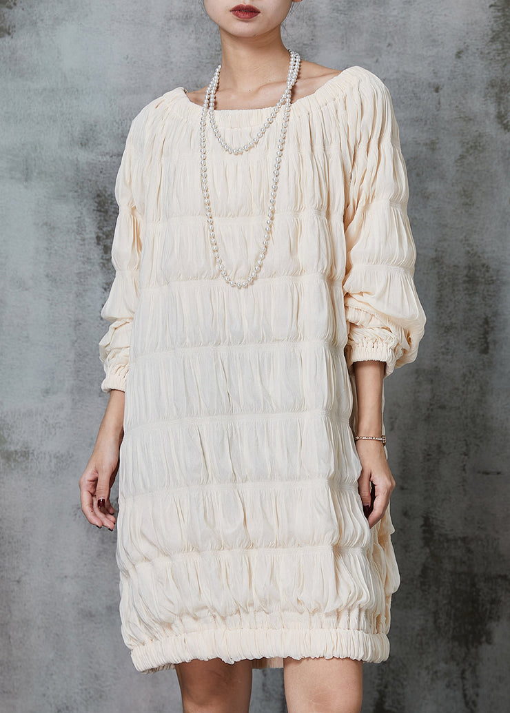 Apricot Cotton Holiday Dresses Slash Neck Wrinkled Spring