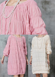 Apricot Cotton Holiday Dresses Slash Neck Wrinkled Spring