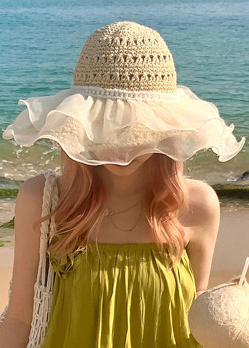 Art Beige Pearl Tulle Patchwork Straw Woven Bucket Hat