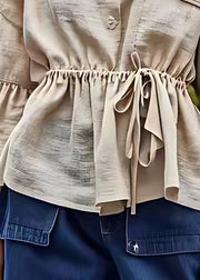 Art Beige Pockets Lace Up Cotton Shirt Bracelet Sleeve