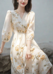 Art Beige V Neck High Waist Chiffon Dress Bracelet Sleeve