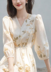 Art Beige V Neck High Waist Chiffon Dress Bracelet Sleeve