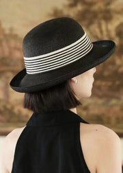 Art Black Striped Patchwork Straw Woven Floppy Sun Hat