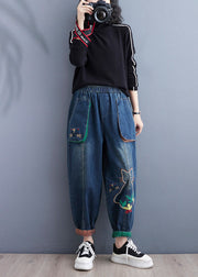 Art Blue Cartoon Embroideried Pockets Elastic Waist Denim Pants Spring