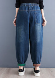 Art Blue Cartoon Embroideried Pockets Elastic Waist Denim Pants Spring