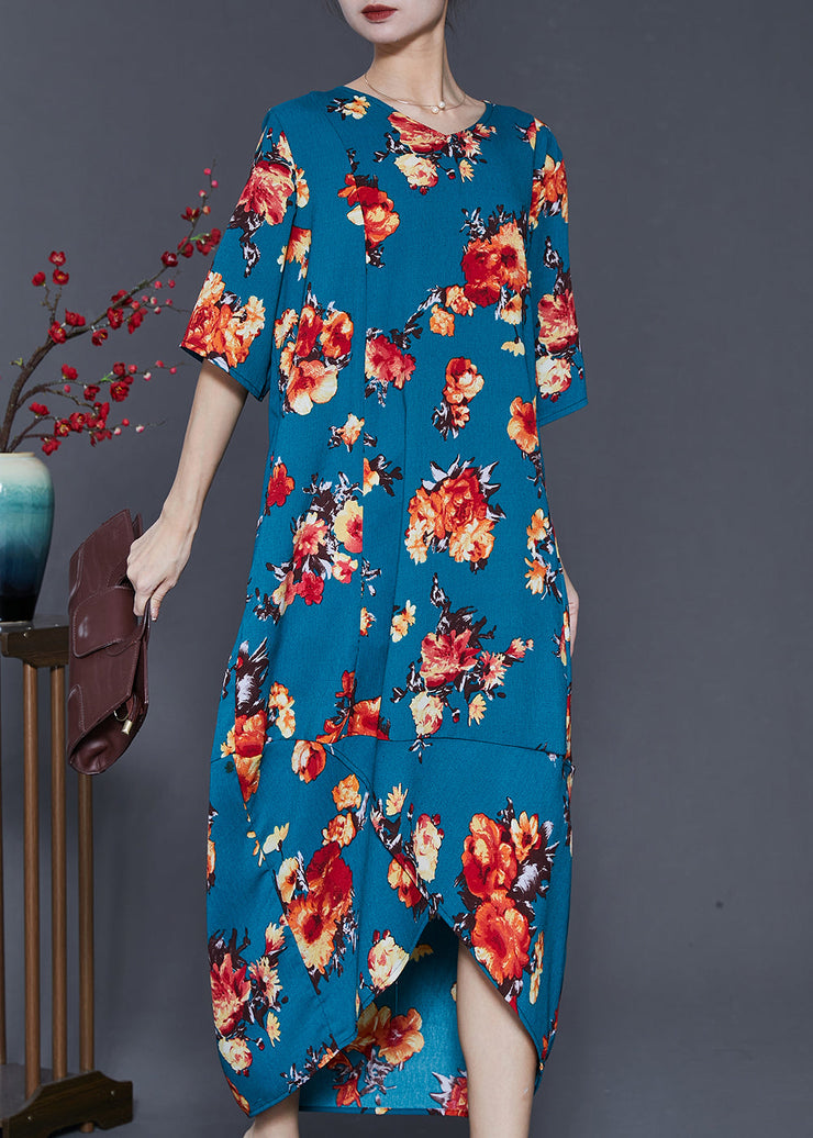 Art Blue Oversized Flower Front Open Cotton Long Dress Summer