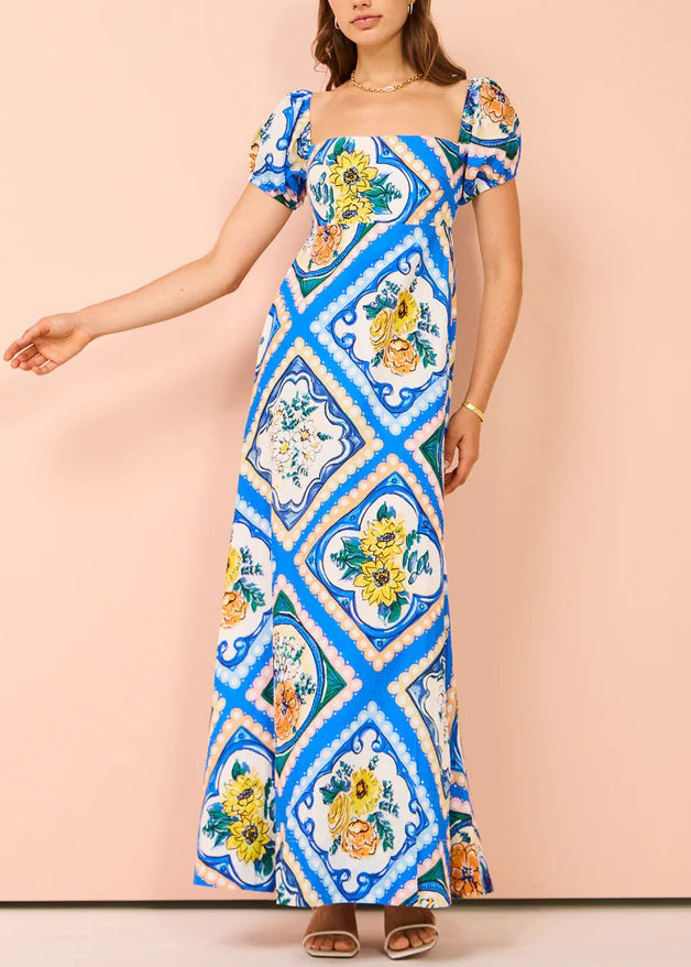 Art Blue Square Collar Print Linen Long Dresses Summer