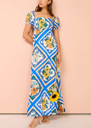 Art Blue Square Collar Print Linen Long Dresses Summer