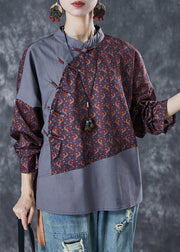 Art Coffee Mandarin Collar Patchwork Print Linen Oriental Top Summer