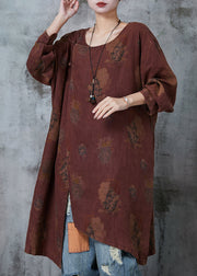 Art Dull Orange Asymmetrical Print Linen Oriental Dresses Spring