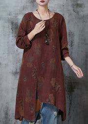 Art Dull Orange Asymmetrical Print Linen Oriental Dresses Spring