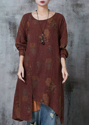 Art Dull Orange Asymmetrical Print Linen Oriental Dresses Spring