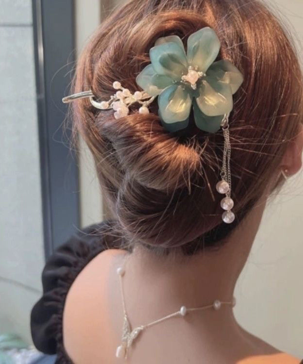 Art Green Alloy Pearl Floral Tassel Hairpin