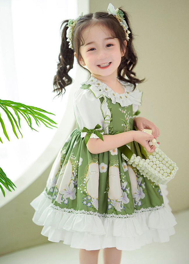 Art Green Ruffled Patchwork Print Cotton Baby Girls Dresses Summer