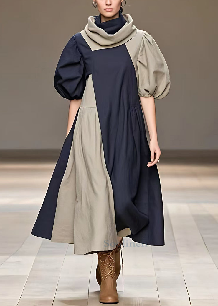 Art Navy Turtleneck Pockets Cotton Long Dress Summer